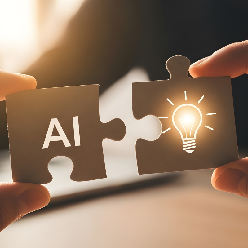 AI and lightbulb on puzzle pieces indicating AI success and collaboration