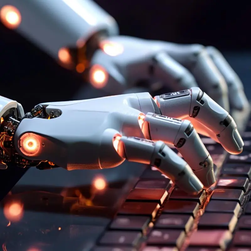 Robot hands typing on a keyboard